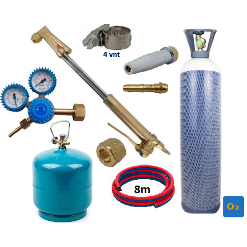 Gas cutting kit (torch, reducer, oxygen, propane-butane cylinders, hoses, clamps)