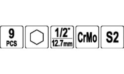 1/2 Galvučių smūginių su antgaliais rinkinys (HEX) (9vnt)