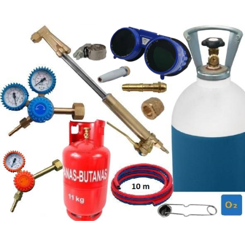 Gas cutting kit (torch, reducer, oxygen, propane-butane cylinders, hoses, clamps)