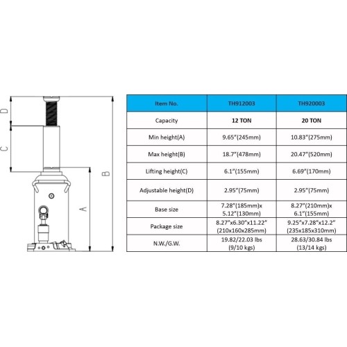 Hydraulic bottle jack, 12t TUV vertical and horizontal