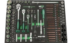 Galvučių ir raktų rinkinys 1/4 + 3/8 + 1/2 122vnt, padėklas