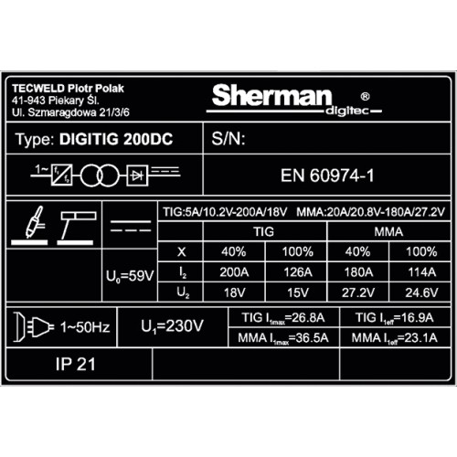 Inverterinis suvirinimo aparatas Sherman DIGITIG 200DC