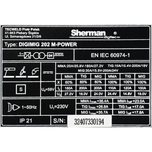 Sherman DIGIMIG 202 M-POWER synchronous inverter welder
