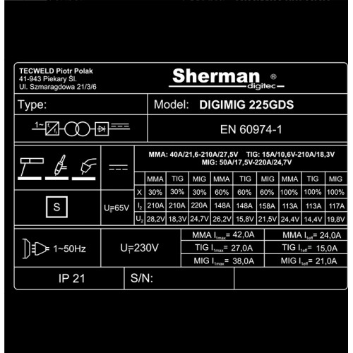 Inverter welder Sherman DIGIMIG 225GDS
