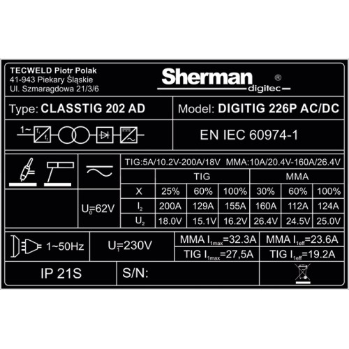 Inverter welder Sherman DIGITIG 226P AC/DC