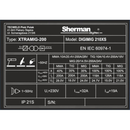 Inverter welder Sherman DIGIMIG 210XS