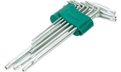 L-tipo šešiakampių TORX prailgintų raktų rinkinys 9vnt. (T10-T50) su kiauryme