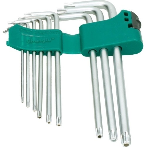 L-tipo šešiakampių TORX prailgintų raktų rinkinys 9vnt. (T10-T50) su kiauryme