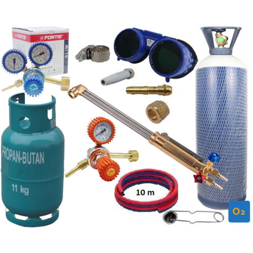 Gas cutting kit (torch, reducer, oxygen, propane-butane cylinders, hoses, clamps)