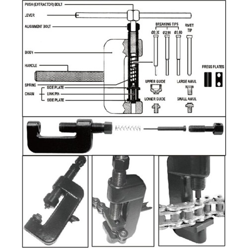 Grandinės kniedijimo ir atskyrimo įrankių rinkinys