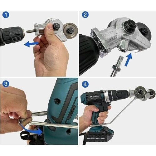 Sheet metal refitting shears attachment for drill