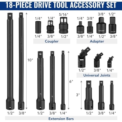 Smūginių prailgintojų ir adapterių rinkinys 1/4"+3/8"+1/2" 18vnt.