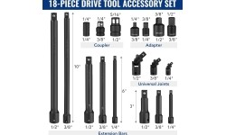 Smūginių prailgintojų ir adapterių rinkinys 1/4"+3/8"+1/2" 18vnt.