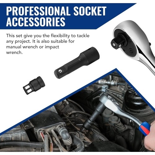 Smūginių prailgintojų ir adapterių rinkinys 1/4"+3/8"+1/2" 18vnt.