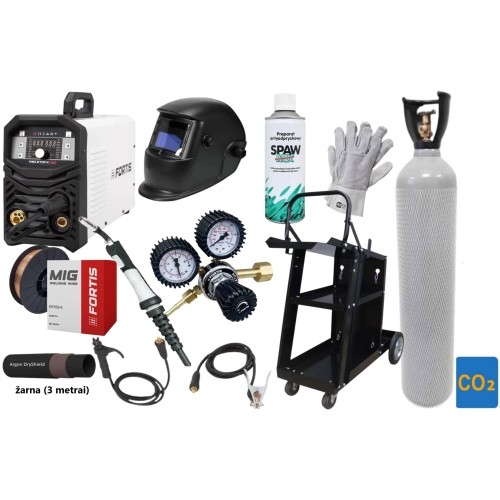 SUPER PASIŪLYMAS! Pusautomačio KOMPLEKTAS FORTIS® MIG 210FX LED (sinerginis) + CO2 balionas 8l su priedais