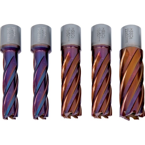HSSCO5-core drills CDL, nACO-coated, 14/18/22 mm, drilling depth 50 mm, 5 pcs.
