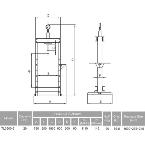 Hydraulic shop press with gauge 20t