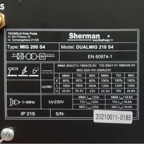Inverter welder Sherman DUALMIG 210 S4