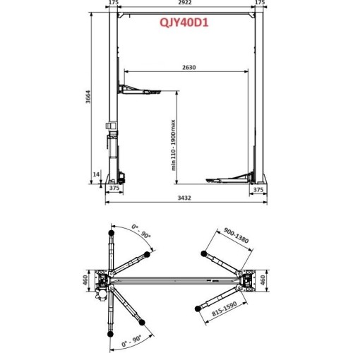 Hidraulinis dviejų kolonų keltuvas su mechaniniais saugumo fiksatoriais 4t 380V, (3 pakopų letenos)
