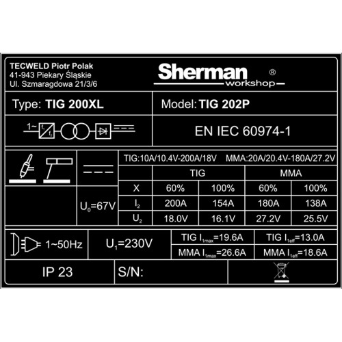Inverterinis suvirinimo KOMPLEKTAS Sherman TIG 202P