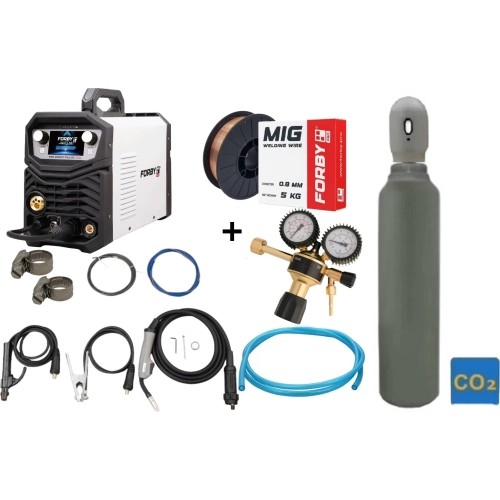 SUPER OFFER! Semi-automatic KIT FORBY® MIG 200PT LCD pulse (200A - 60%) (sinergetic) + CO2 cylinder 8l with accessories
