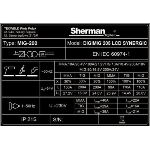 Inverterinis suvirinimo aparatas Sherman DIGIMIG 205 LCD SYNERGIC