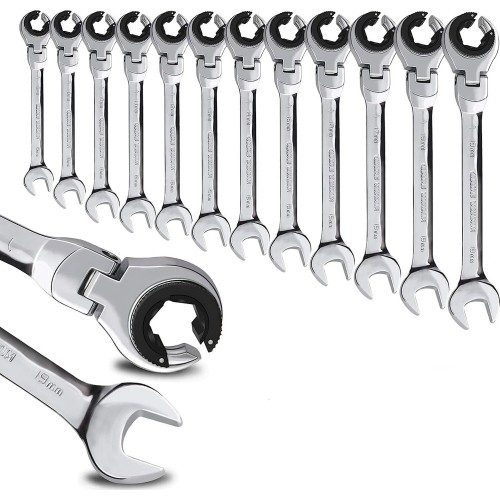 Open combination ratchet spanner with flexible head - 9mm