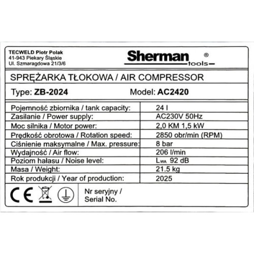 Oil reciprocating compressor 24l 8 bar AC2420