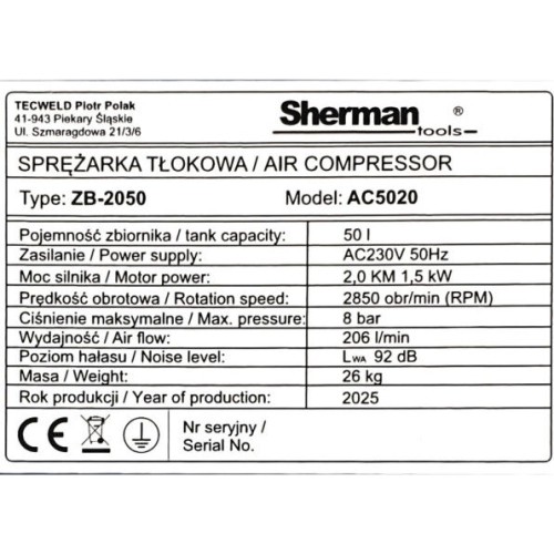 Piston oil compressor 50l 8 bar AC5020