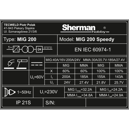 Inverterinis suvirinimo aparatas Sherman MIG 200 Speedy