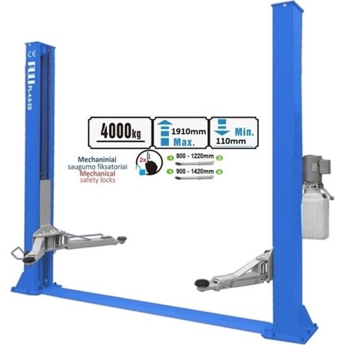 Two post hydraulic lift (with extended arms), 4.0t - 4.0t, 220V