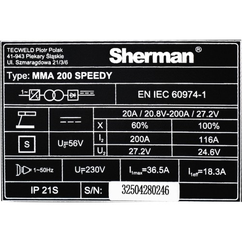 Inverter welder Sherman MMA 200 Speedy, with plastic case