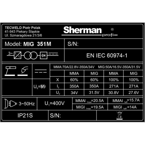 Inverterinis suvirinimo aparatas Sherman MIG 351M/4R