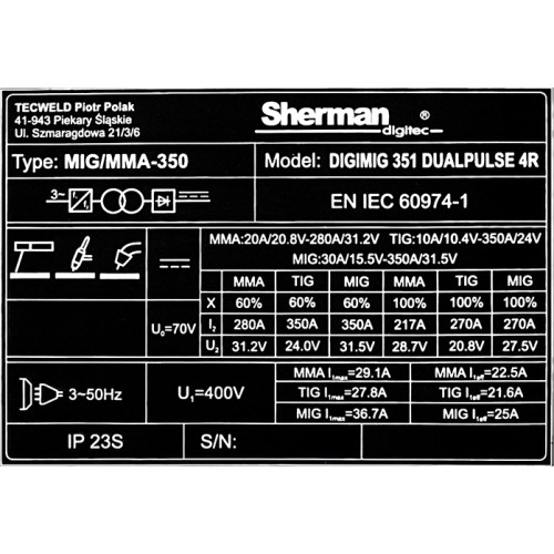 Inverter synergy welder DIGIMIG 351 DUALPULSE 4R