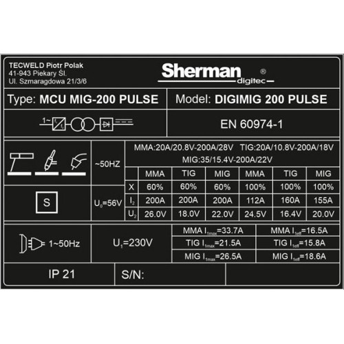 Inverterinis suvirinimo aparatas Sherman DIGIMIG 200 Pulse