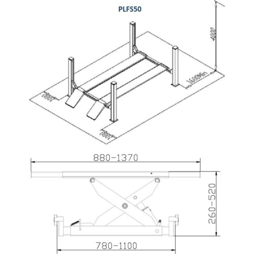 Four post hydraulic lift with secondary lifting mechanism 5t