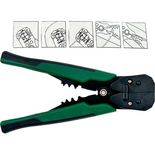 Universal wire stripper and ratchet crimping pliers