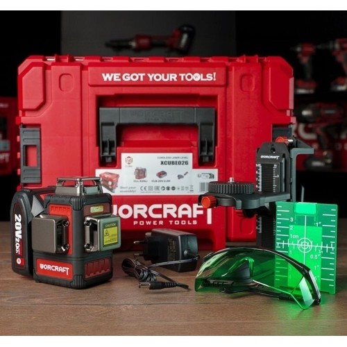 Akumuliatorinis lazerinis nivelyras  360°x3D 12 linijų (žalias) WORCRAFT 20V 2.0Ah LI-ION (XCUBE dėžė)