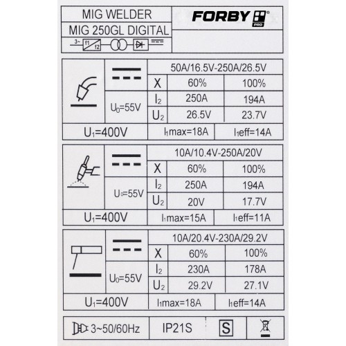Inverter welding machine FORBY® MIG-250GL Digital