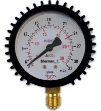 Slėgio matuoklis ⌀ 63 mm, skirtas TURBO argono/CO₂ reduktoriui (MIX) - Darbinis - srauto greitis 32l/min