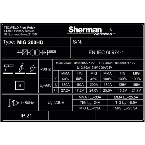 Sherman MIG 200HD synchronous inverter welder