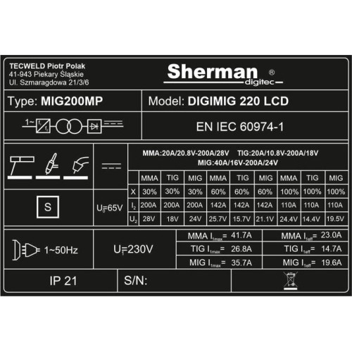 Welding machine Sherman DIGIMIG 220 LCD