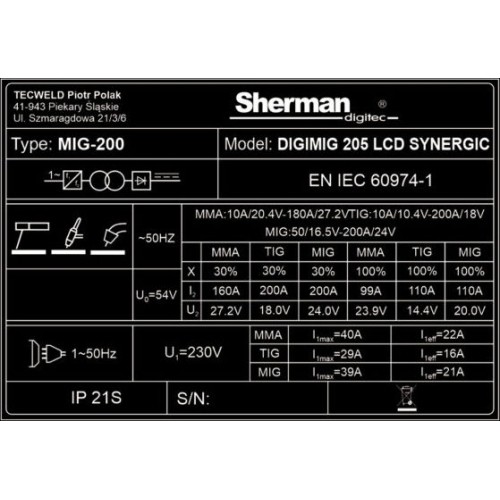 Inverterinio suvirinimo aparato Sherman DIGIMIG 205 LCD SYNERGIC KOMPLEKTAS  (aparatas + dujų balionas CO2 8L + reduktorius + vi