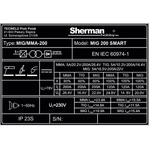 Inverter welder Sherman MIG 200 SMART (machine + gas cylinder CO2 5L + gas reducer + wire + other)