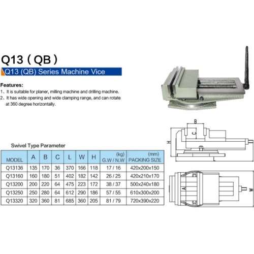 QB machine swivel vice - Lūpų plotis 200mm, 40.0kg