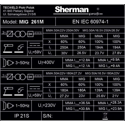 Inverter welder Sherman MIG 261M/4R