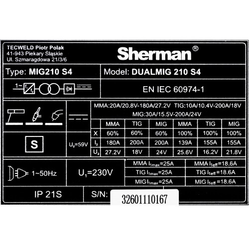 Inverter welder Sherman DUALMIG 210 S4