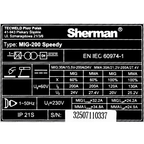 Inverterinis suvirinimo aparatas Sherman MIG 200 Speedy (aparatas + dujų balionas CO2 5L + reduktorius + viela + priedai)