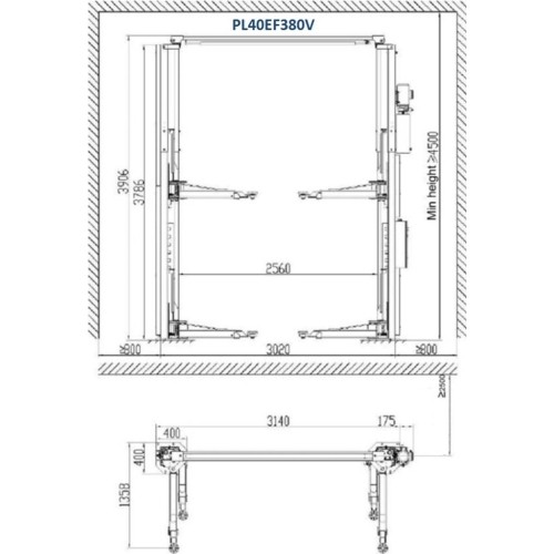 Clearfloor 2-post lift with electromagnetic release, 4.0t