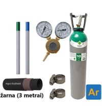 TIG suvirinimo priedų kompl.: užpildytas 10 l Argono balionas, reduktorius Ar/Co2, dujų žarna, volframiniai elektrodai, sąv